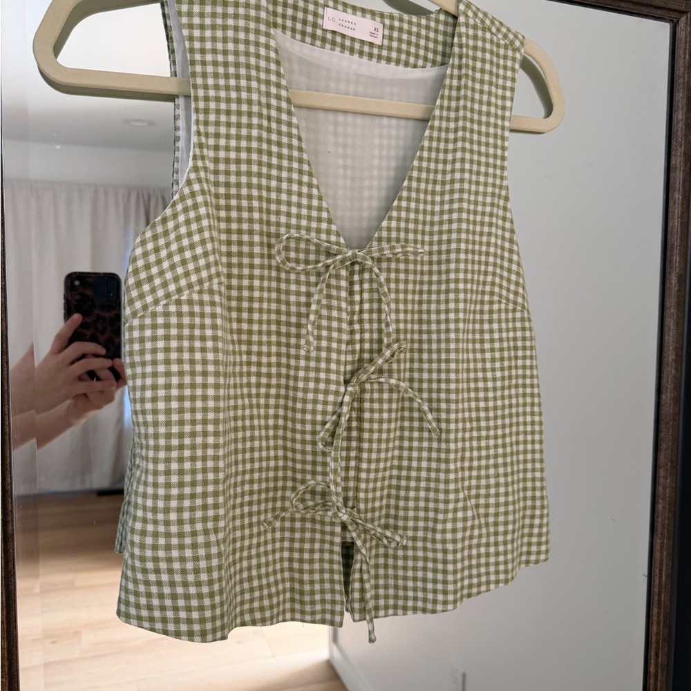 LC Lauren Conrad Olive Green Gingham Tie-Front Vest